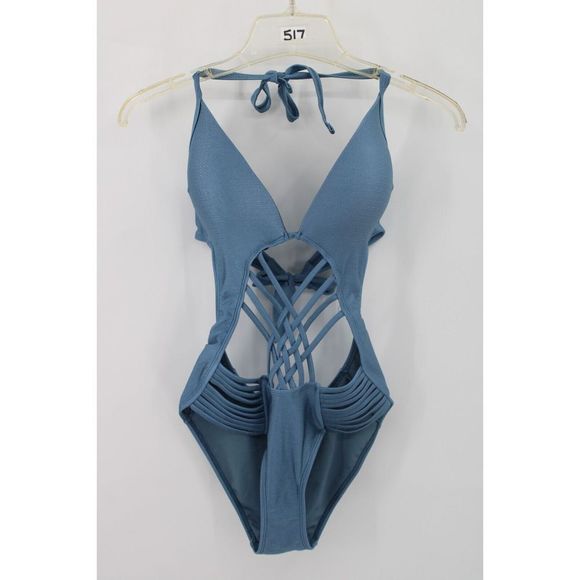 HEAT SHINY BLUE ONE PIECE M STRAPPY SWIMSUIT WOMENS OPEN BACK - Picture 11 of 11